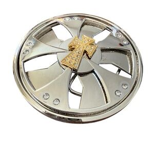 Y2K Spinning Cross Belt Buckle Chrome Rhinestone Metal Industrial Maximalism